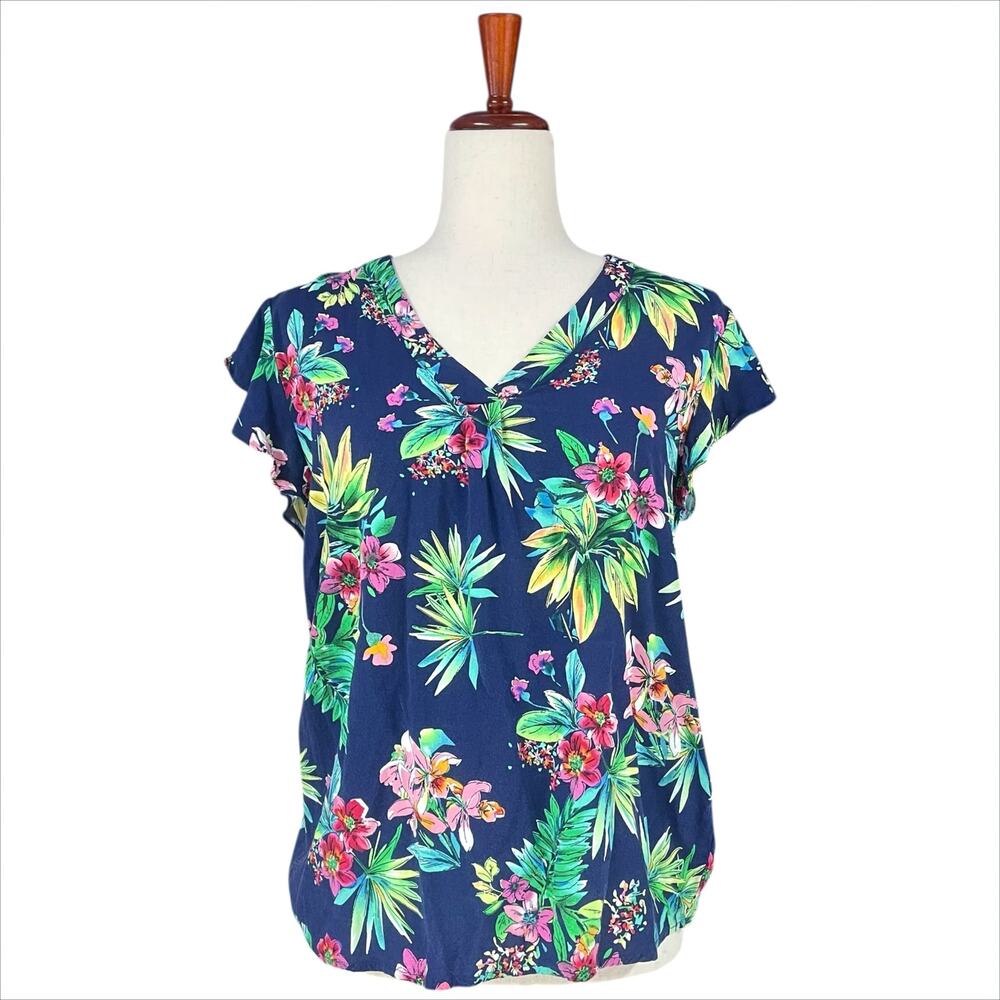 ANNE CARSON Vibrant Tropical Print Floral Flutter-Sleeve V-Neck Blouse Size M